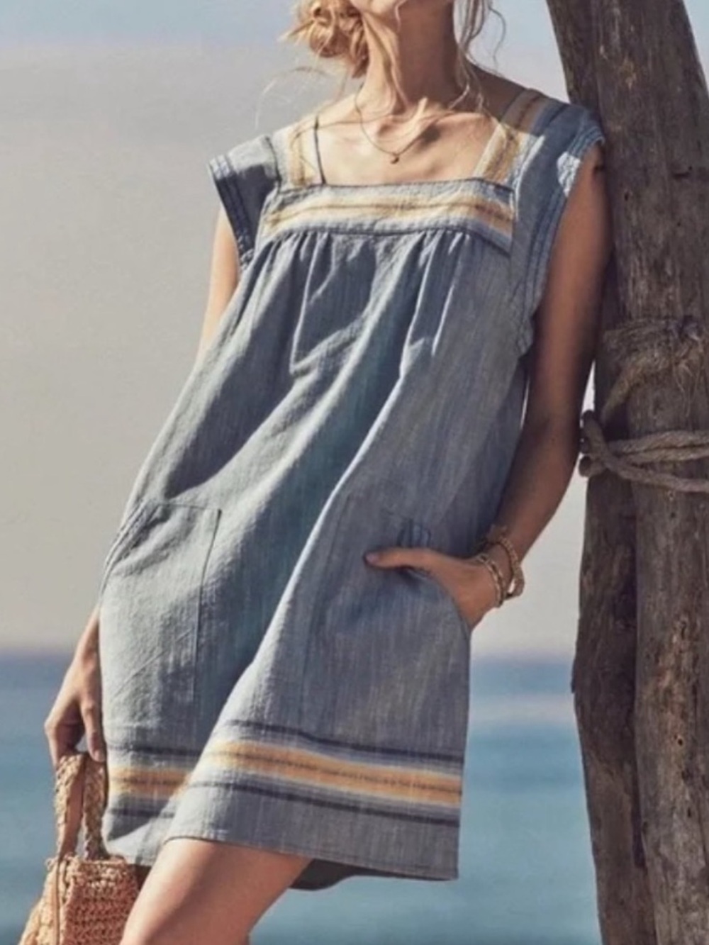 Faherty Hailee Washed Cotton Dress Indigo Ombre Stripe Size Small
